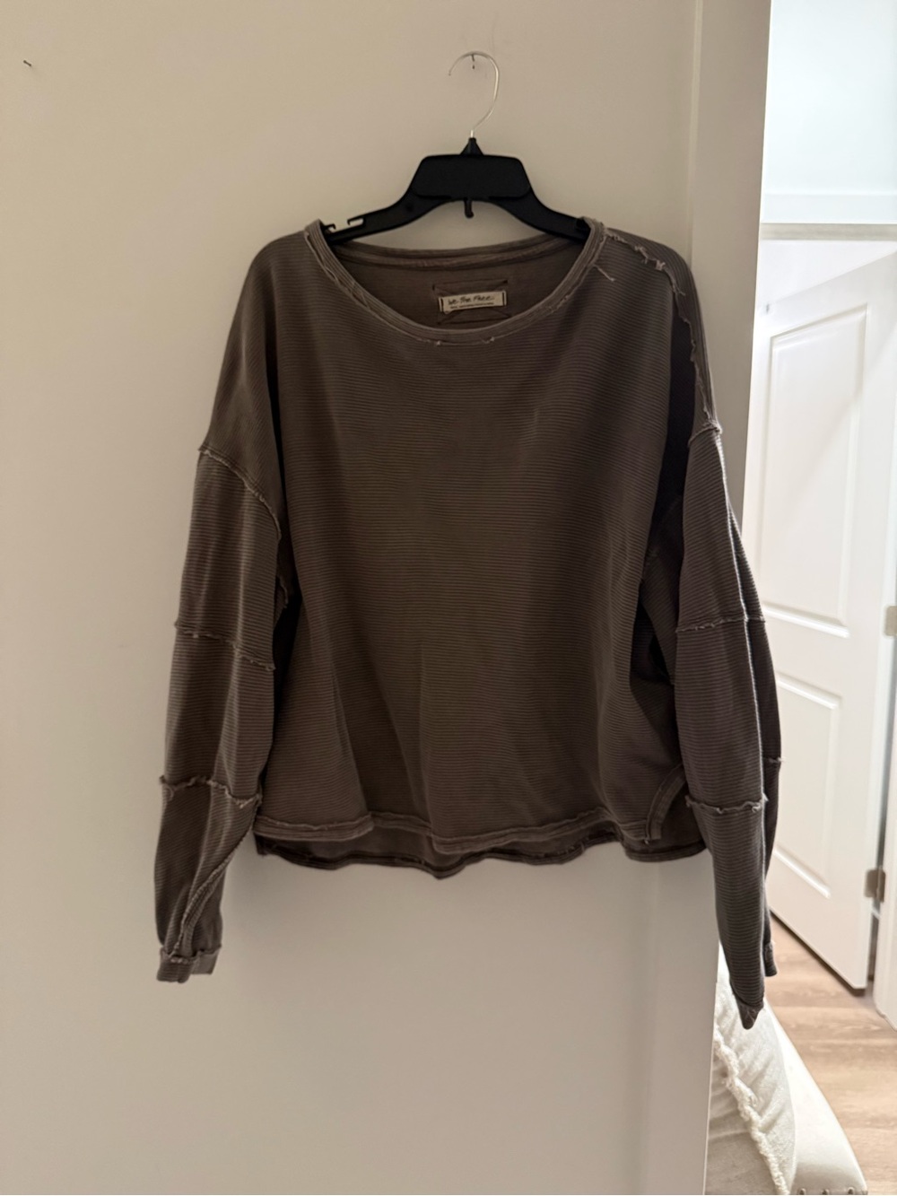 We The Free Washed Taupe Waffle-Knit Crewneck Sweatshirt
